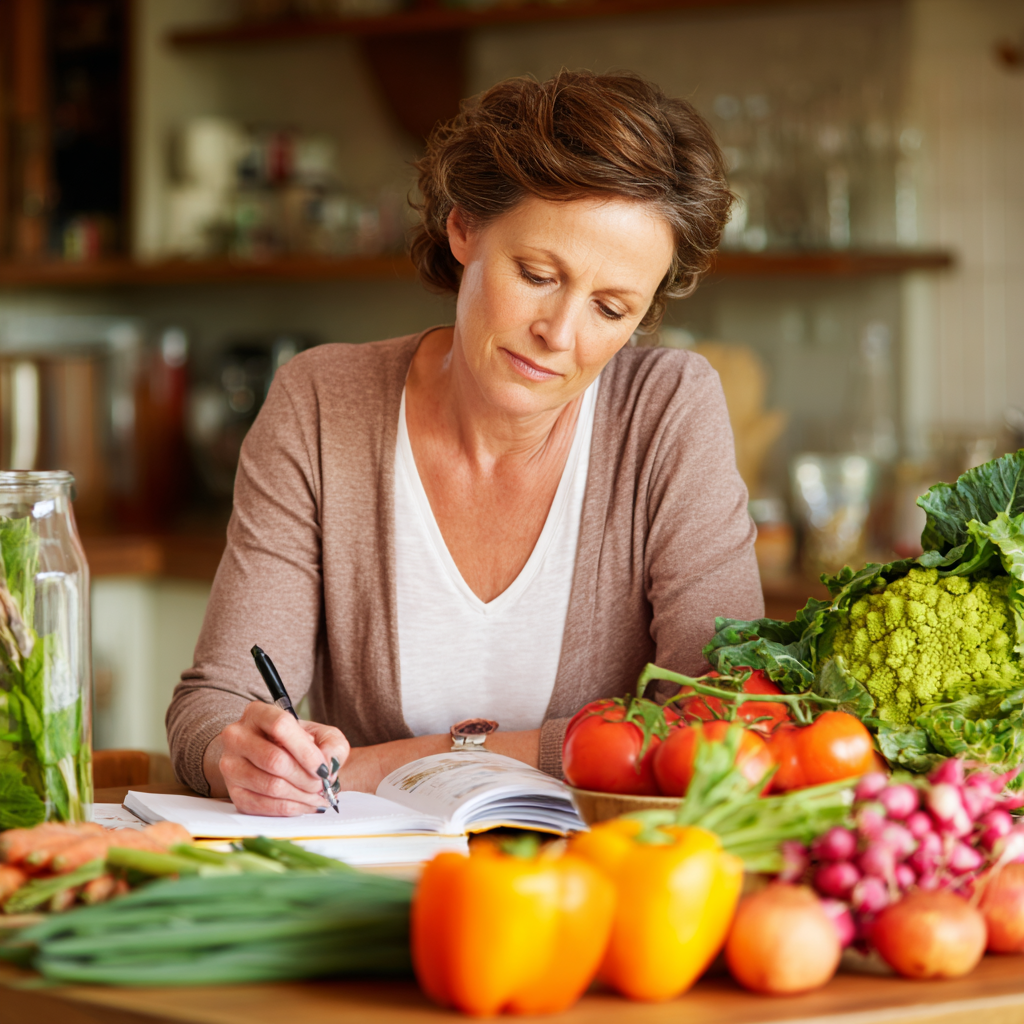 Middle-aged woman planning healthy meals with fresh vegetables and nutrition guide