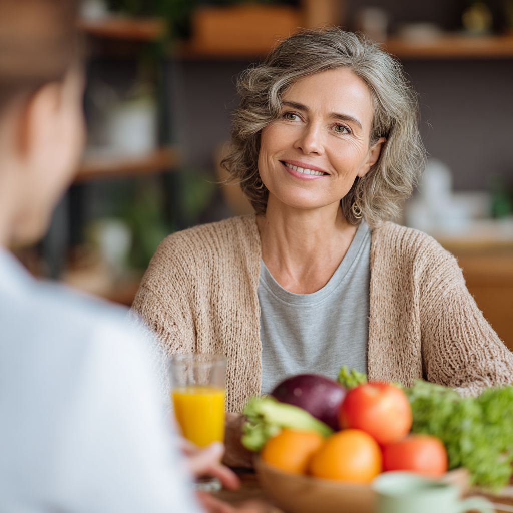 Satisfied mature client during nutrition consultation with professional advisor